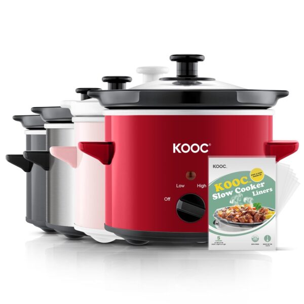 KOOC 2-Quart Small Slow Cooker | Free Liners | Adjustable Temp | Red Ceramic Pot
