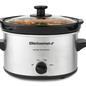 Elite Gourmet 2Qt Oval Slow Cooker | Stainless Steel | Low, High, Warm Setting