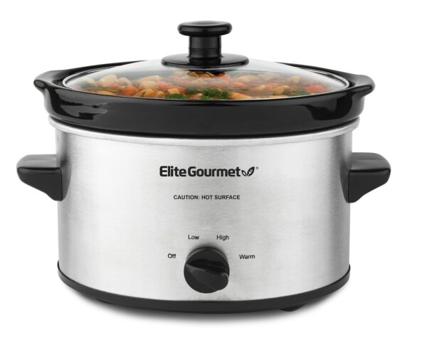 Elite Gourmet 2Qt Oval Slow Cooker | Stainless Steel | Low, High, Warm Setting