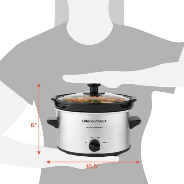 Elite Gourmet 2Qt Oval Slow Cooker | Stainless Steel | Low, High, Warm Setting - Image 2