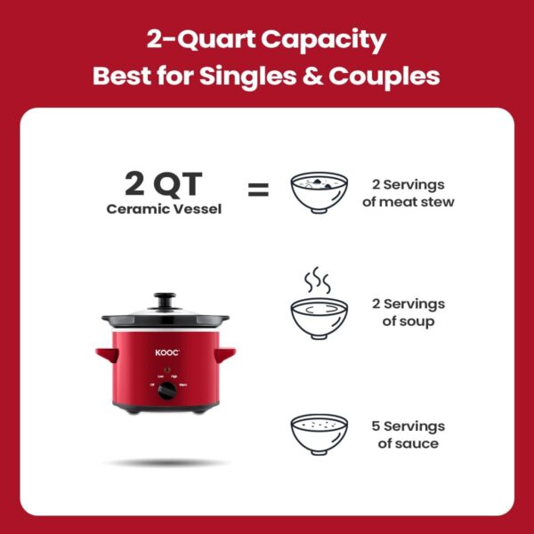 KOOC 2-Quart Small Slow Cooker | Free Liners | Adjustable Temp | Red Ceramic Pot - Image 6