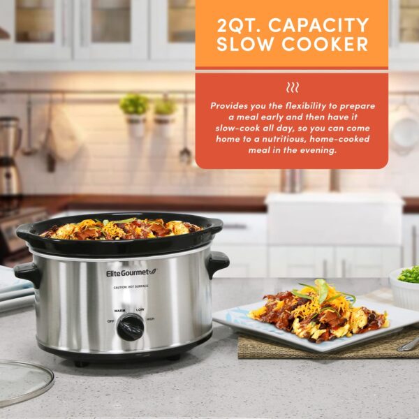 Elite Gourmet 2Qt Oval Slow Cooker | Stainless Steel | Low, High, Warm Setting - Image 5