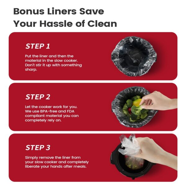 KOOC 2-Quart Small Slow Cooker | Free Liners | Adjustable Temp | Red Ceramic Pot - Image 7