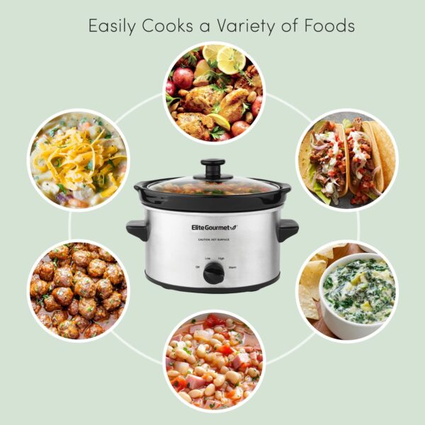 Elite Gourmet 2Qt Oval Slow Cooker | Stainless Steel | Low, High, Warm Setting - Image 6