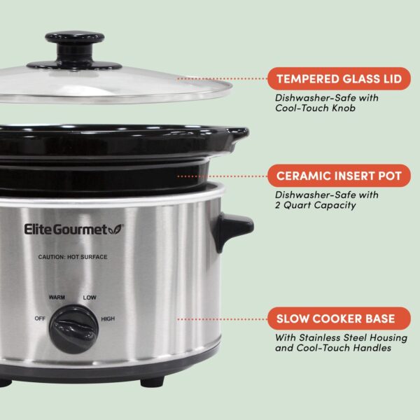 Elite Gourmet 2Qt Oval Slow Cooker | Stainless Steel | Low, High, Warm Setting - Image 8
