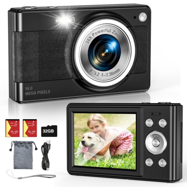 Upgrade Digital Camera 56MP FHD 1080P Camera for Kids with 16x Zoom Anti Shak...
