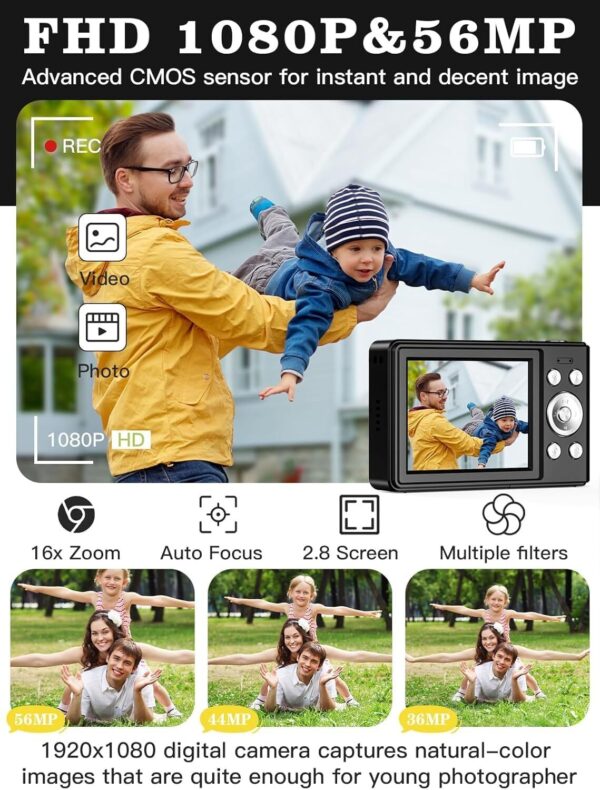 Upgrade Digital Camera 56MP FHD 1080P Camera for Kids with 16x Zoom Anti Shak... - Image 2