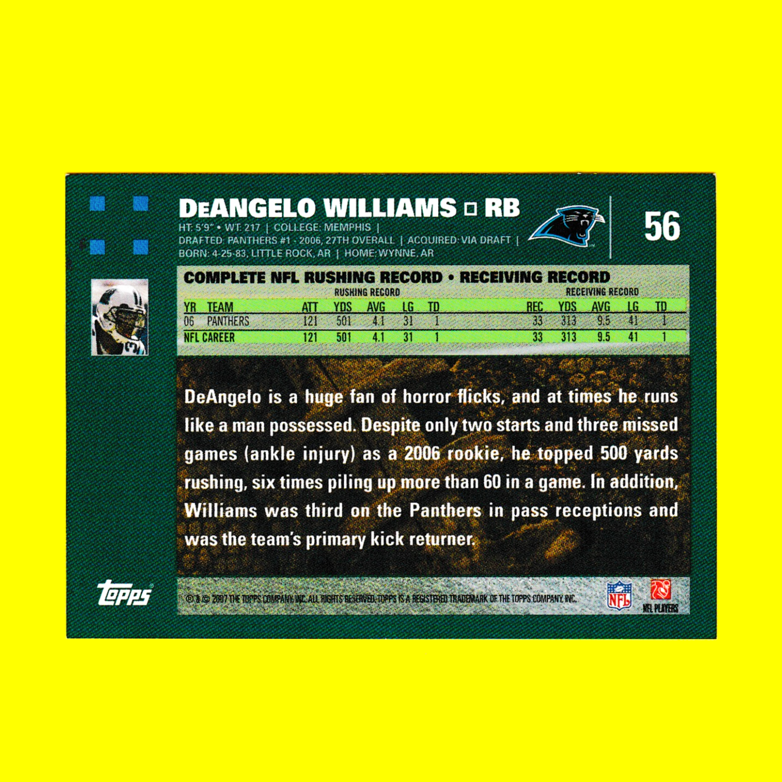 2007 Topps 56 Deangelo Williams - Panthers - Image 2