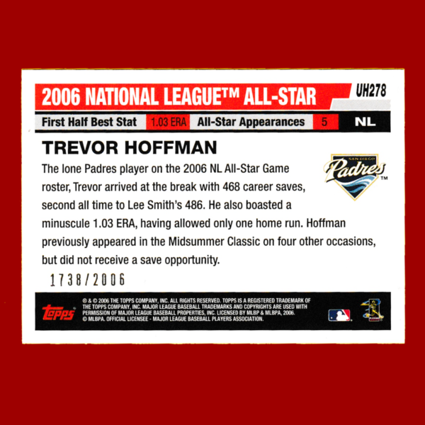 2006 Topps #UH278 Trevor Hoffman - Gold Parallel (#1738/2006) - Padres - Image 2