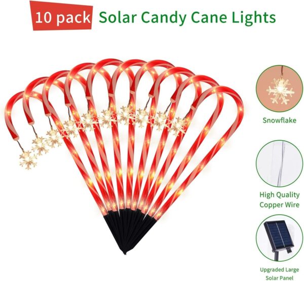 Solar Christmas Candy Cane Lights with Snowflakes, Outdoor Holiday Decor-10 Pack - Image 2