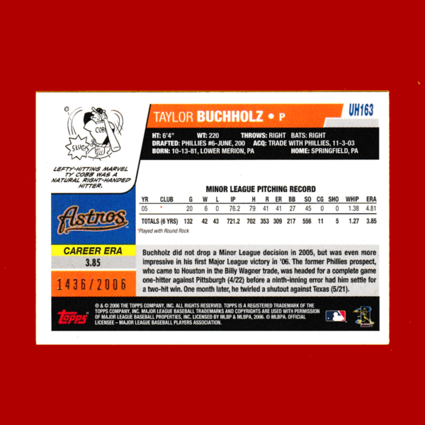 2009 Topps UH163 Taylor Bucholz - Gold Parallel (#1436/2006) - Houston Astros - Image 2