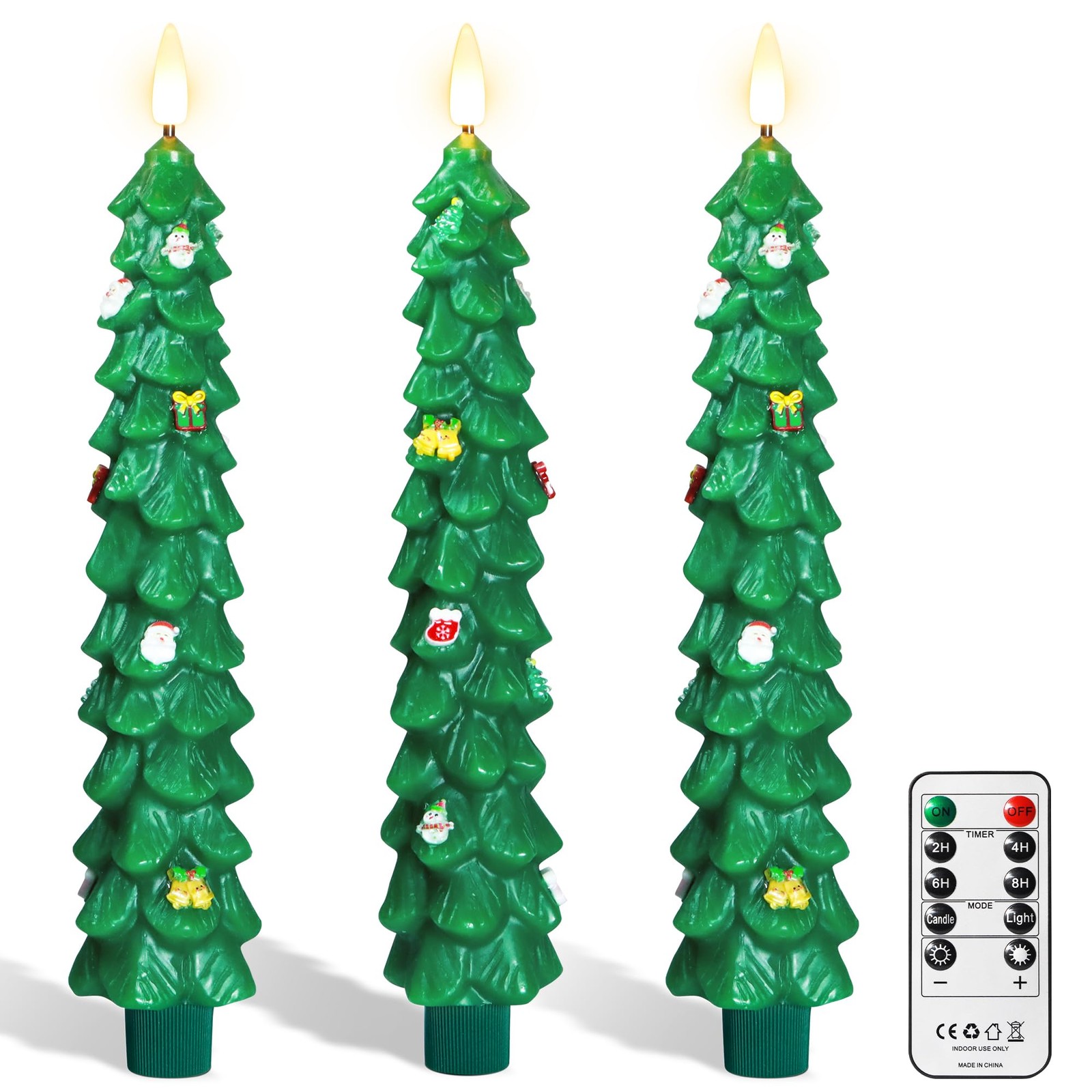 9.5" Green Flameless Christmas Candles with Remote, Real Wax, Battery LED Decor