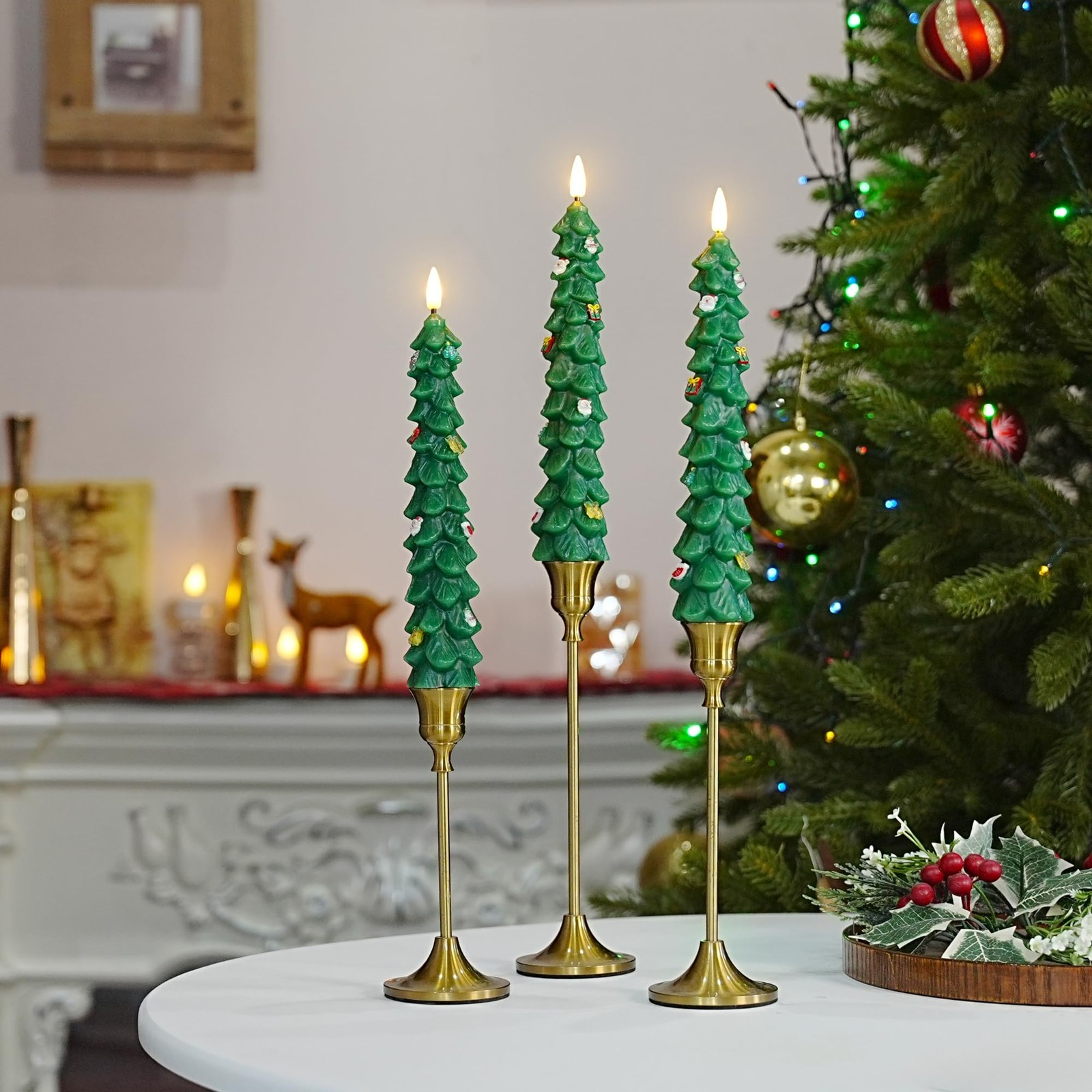 9.5" Green Flameless Christmas Candles with Remote, Real Wax, Battery LED Decor - Image 2