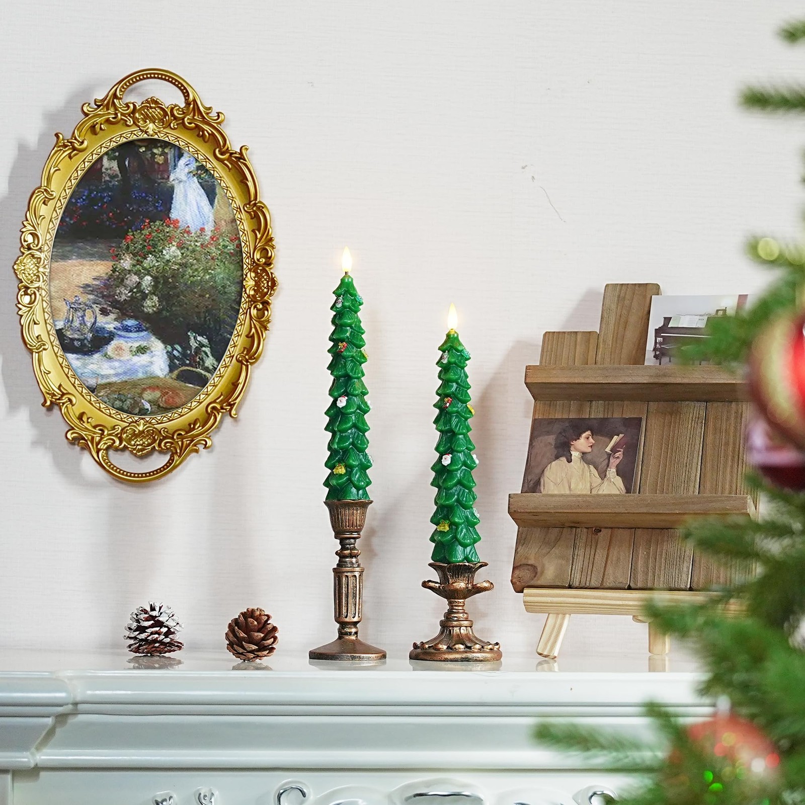 9.5" Green Flameless Christmas Candles with Remote, Real Wax, Battery LED Decor - Image 3