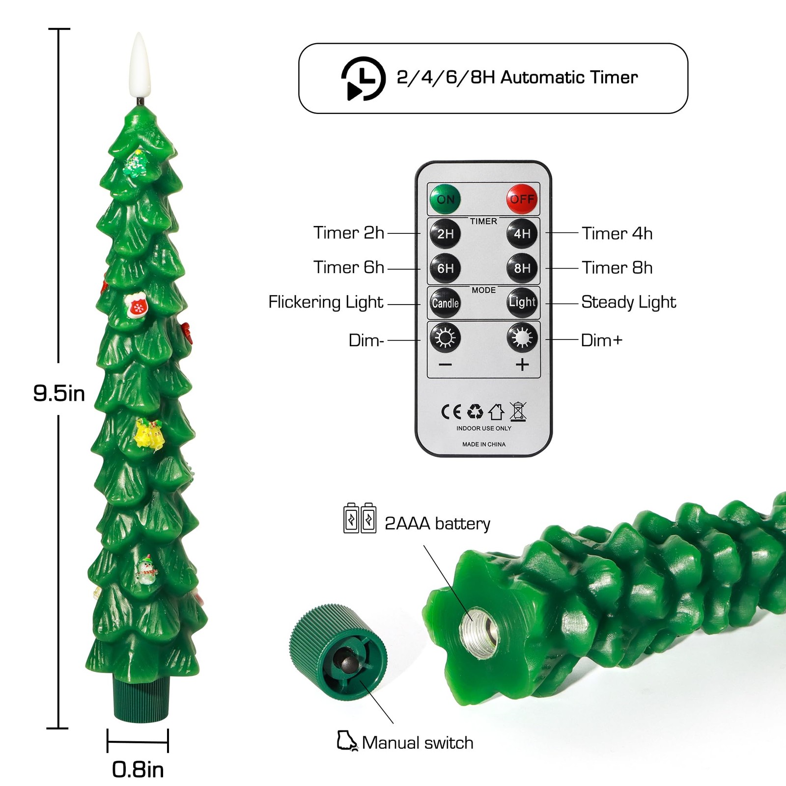 9.5" Green Flameless Christmas Candles with Remote, Real Wax, Battery LED Decor - Image 5