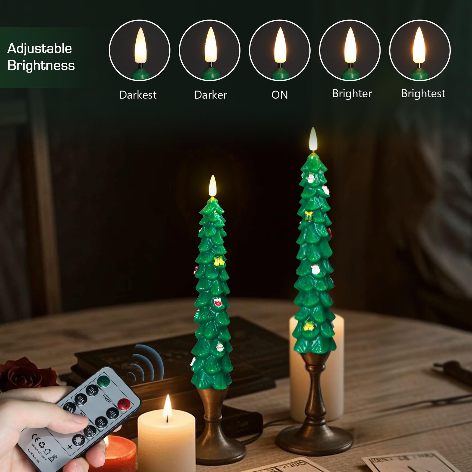 9.5" Green Flameless Christmas Candles with Remote, Real Wax, Battery LED Decor - Image 6