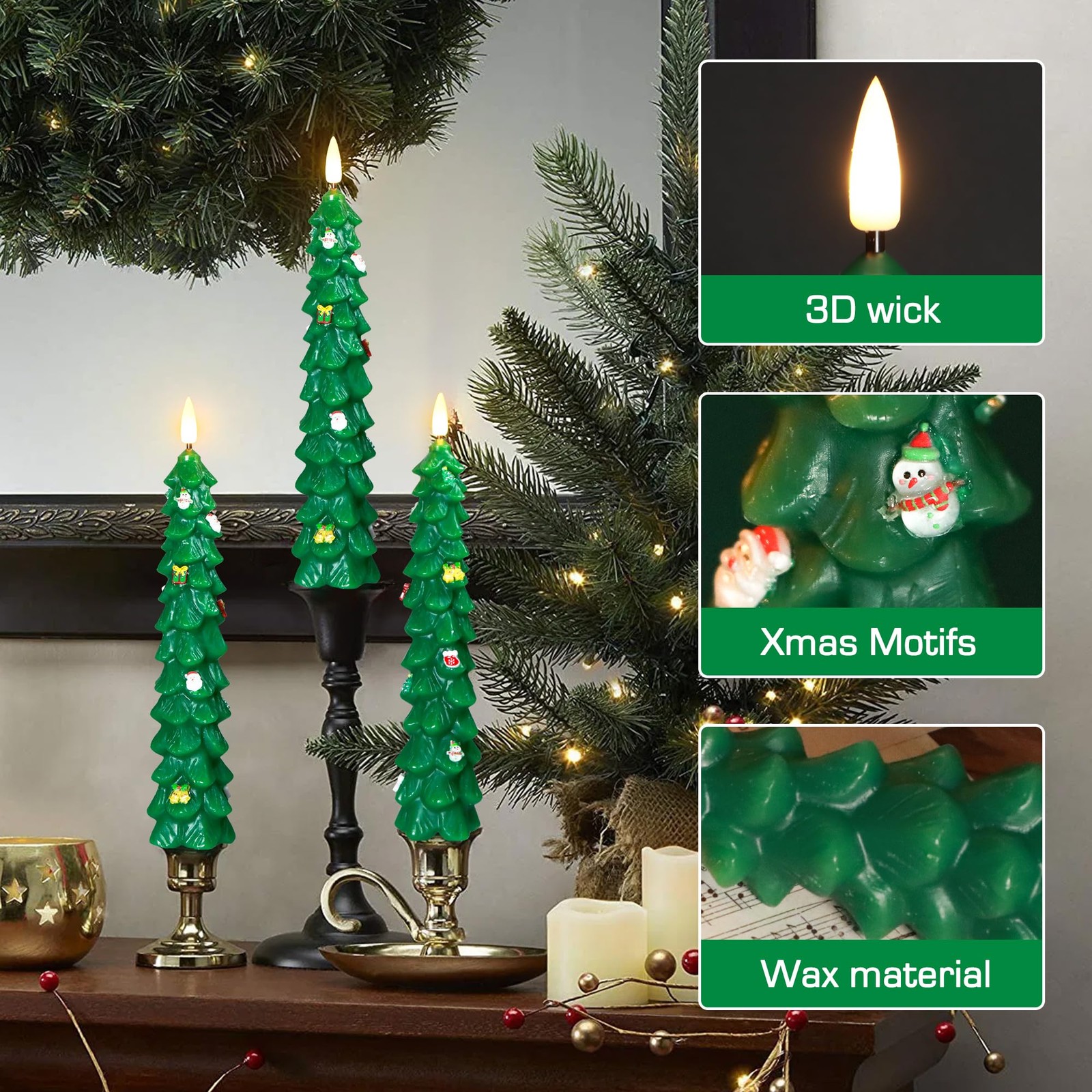 9.5" Green Flameless Christmas Candles with Remote, Real Wax, Battery LED Decor - Image 7