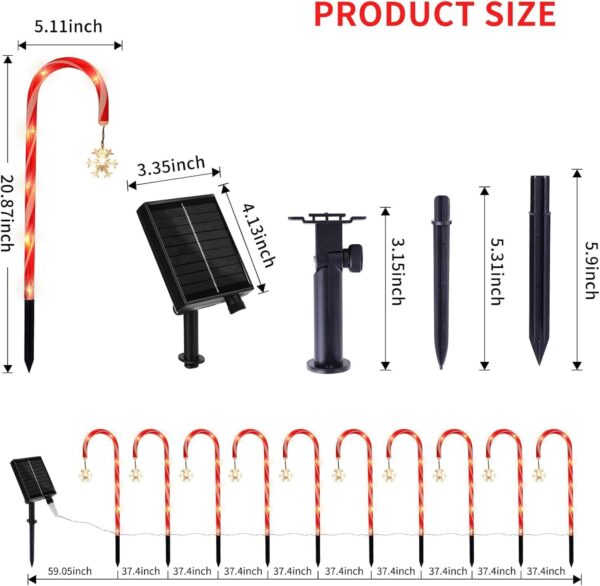 Solar Christmas Candy Cane Lights with Snowflakes, Outdoor Holiday Decor-10 Pack - Image 3