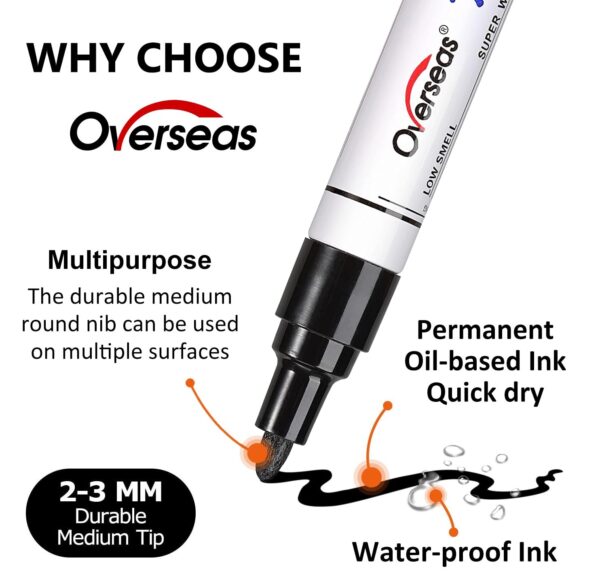 Overseas Black Paint Marker Pens - 6 Pack Oil-Based Permanent Markers Set - Image 7