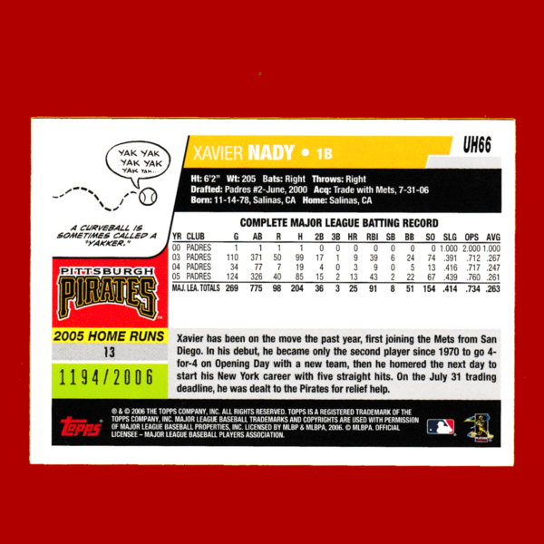 2006 Topps UH66 Xavier Nady - Gold Parallel (#1194/2006) - Pittsburgh Pirates - Image 2