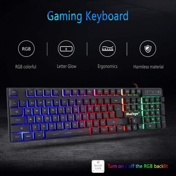 BlueFinger RGB Gaming Keyboard and Backlit Mouse Combo USB Wired LED Gaming S... - Image 3
