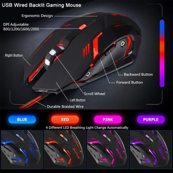 BlueFinger RGB Gaming Keyboard and Backlit Mouse Combo USB Wired LED Gaming S... - Image 6