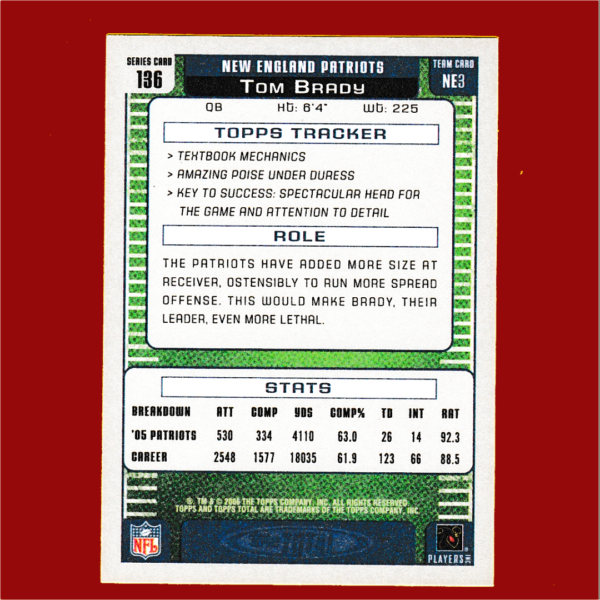 2006 Topps Total 136 Tom Brady - New England Patriots - Image 2