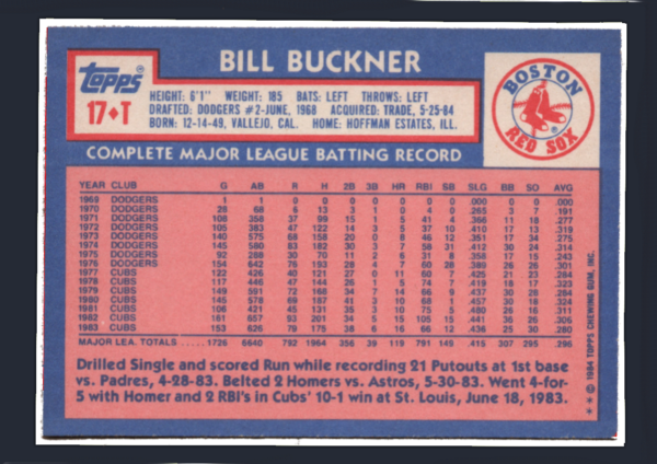 Vintage 1984 Topps Traded #17T - Bill Buckner - Boston Red Sox 1st Base - Image 2