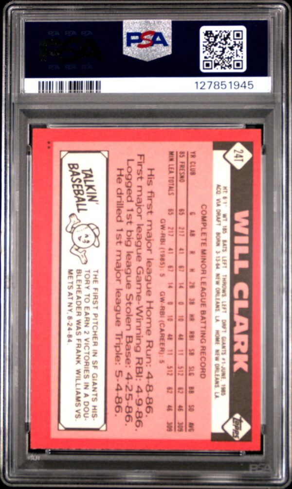 1986 Topps Traded - #24T Will Clark Rookie - PSA 9 MINT San Francisco Giants - Image 3