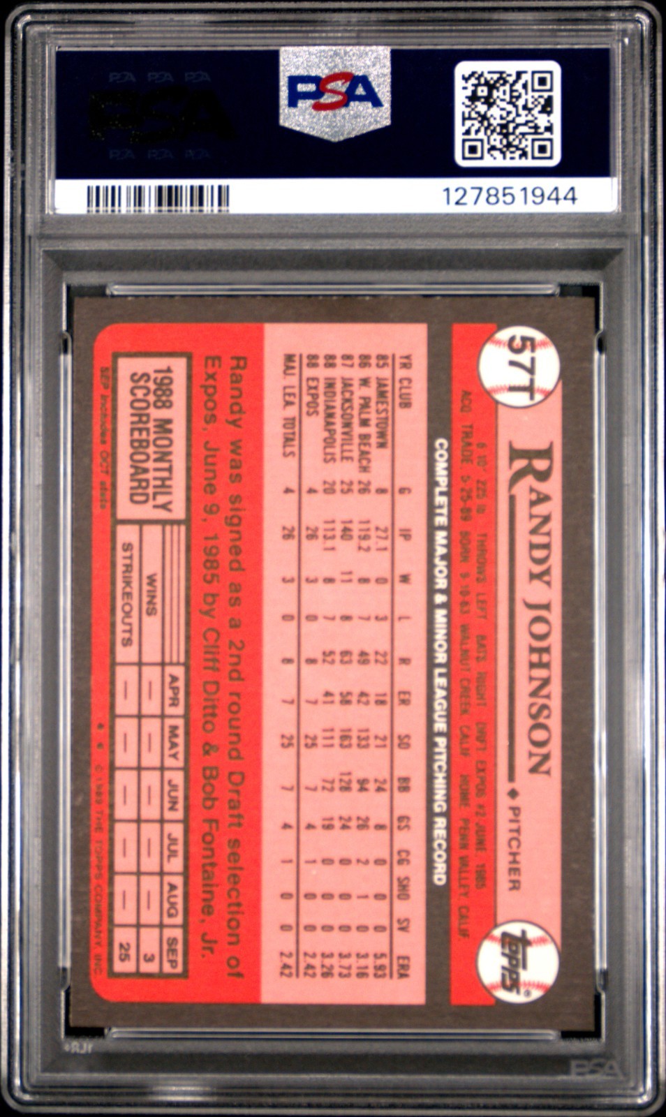 1989 Topps Traded - #57T Randy Johnson Rookie - PSA 8 NM-MT - Seattle Mariners - Image 3