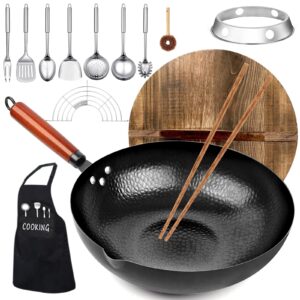 12.6" Carbon Steel Wok Pan Set – Includes Wooden Lid & 12 Cooking Tools