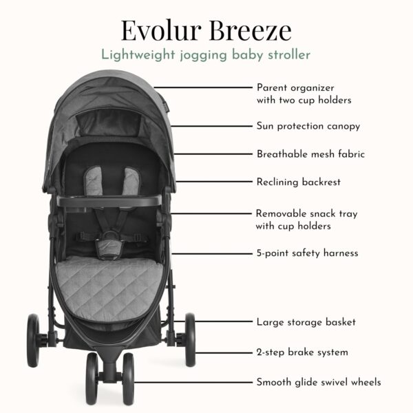 Jogging Stroller in Grey, Adjustable Backrest & Canopy, Compact Fold Lightweight - Image 4