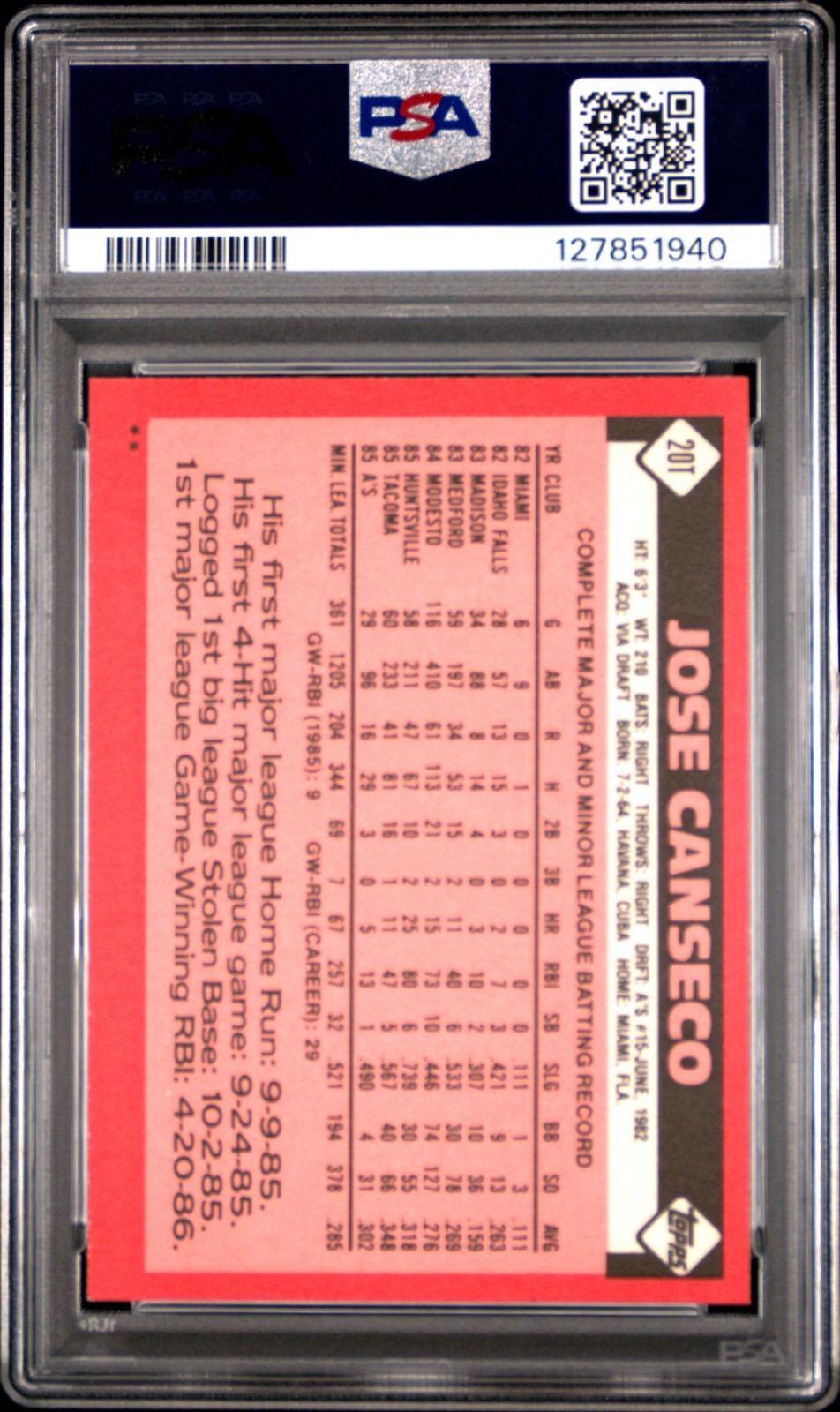 1986 Topps Traded - Jose Canseco 20T Rookie Card - PSA 8 NM-MT Athletics - Image 3