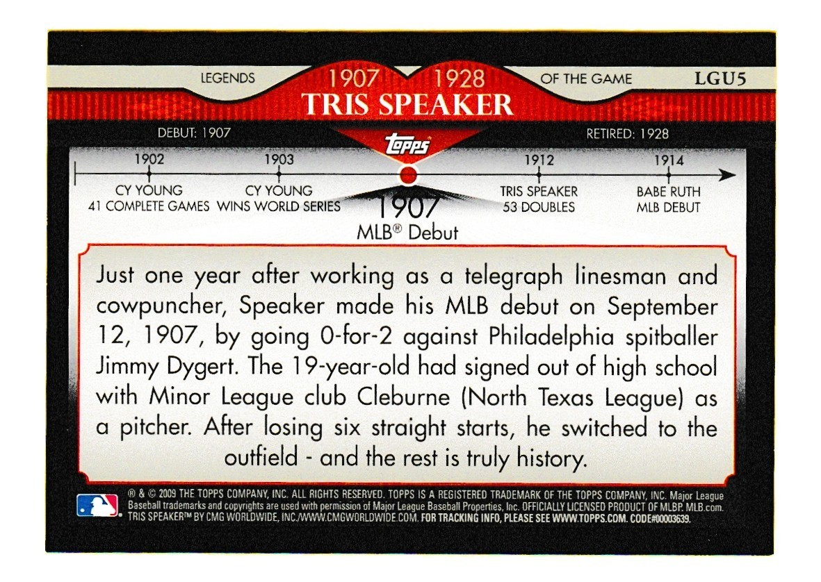 2009 Topps LGU 5 Tris Speaker - Legends of the Game Early 1900s Pioneer - Image 2