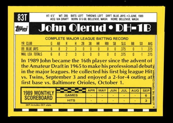 1990 Topps Traded 83T John Olerud - Rookie Card - Toronto Blue Jays - Image 2