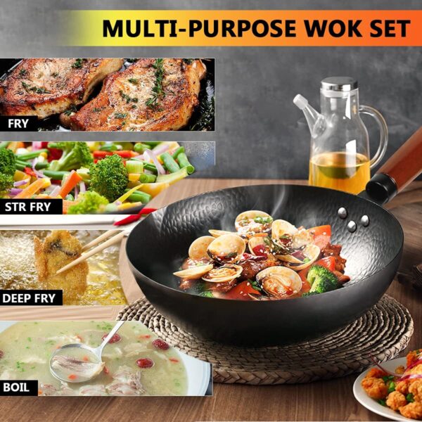 12.6" Carbon Steel Wok Pan Set – Includes Wooden Lid & 12 Cooking Tools - Image 4