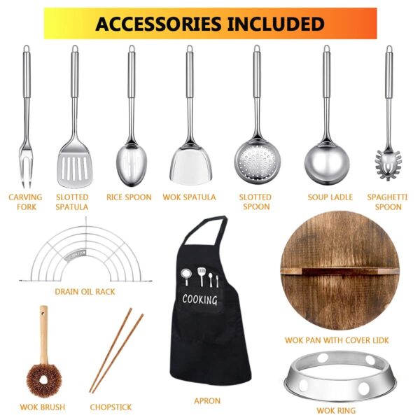 12.6" Carbon Steel Wok Pan Set – Includes Wooden Lid & 12 Cooking Tools - Image 6