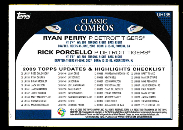 2009 Topps Updates UH135 Perry & Porcello - Classic Combos - Detroit Tigers - Image 2