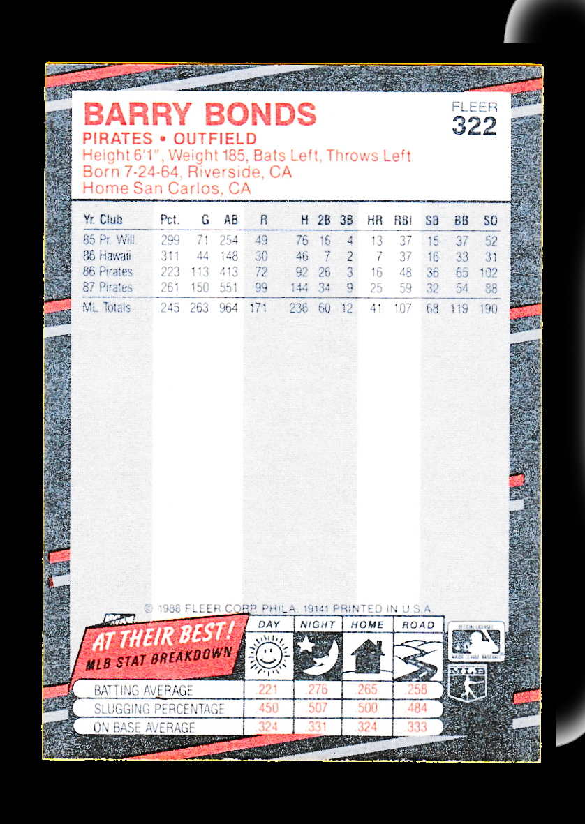 1989 Fleer #322 Barry Bonds -Pittsburgh Pirates - Image 2