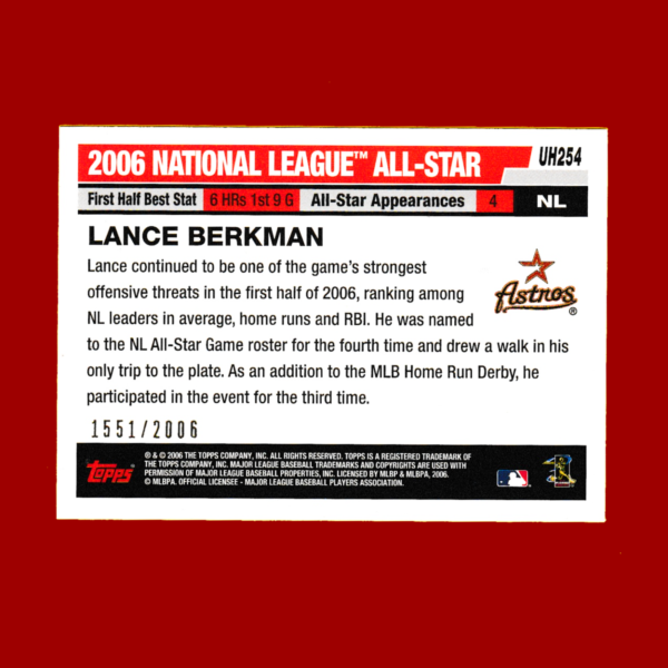 2006 Topps #UH254 Lance Berkman - Gold Parallel (#1551/2006) - Houston Astros - Image 2