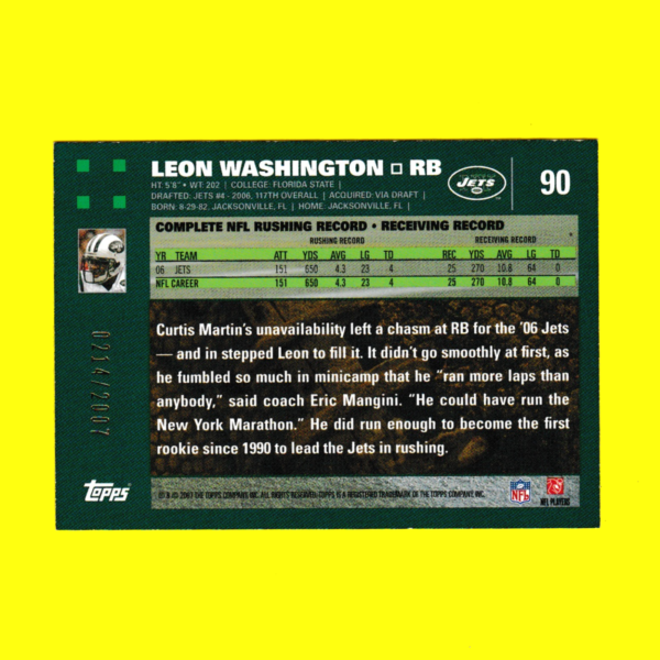 2007 Topps 90 Leon Washington - New York Jets - Image 2