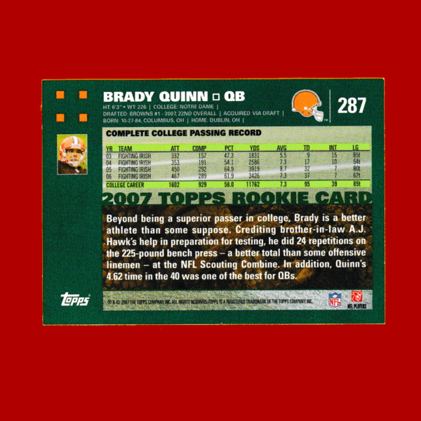 2007 Topps 287 Brady Quin - Rookie Card (RC) - Cleveland Browns - Image 2