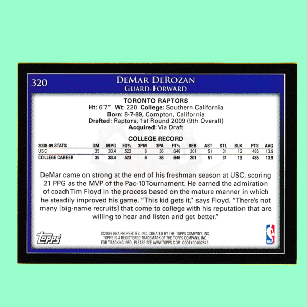 2009 Topps #320 Demar DeRozan – Rookie Card- Toronto Raptors - Image 2