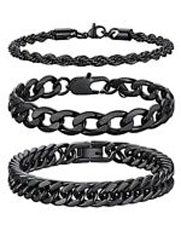 3-Black Chain Bracelet Set for Men , Women Curb Cuban Link Bracelet Set , 7.4 in