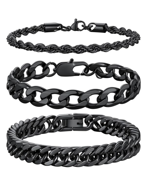 3-Black Chain Bracelet Set for Men , Women Curb Cuban Link Bracelet Set , 7.4 in - Image 2