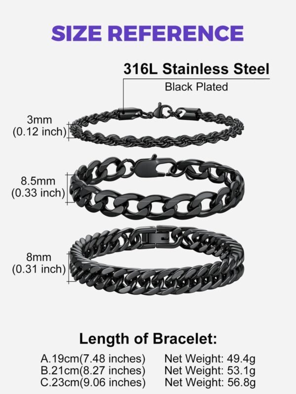 3-Black Chain Bracelet Set for Men , Women Curb Cuban Link Bracelet Set , 7.4 in - Image 3