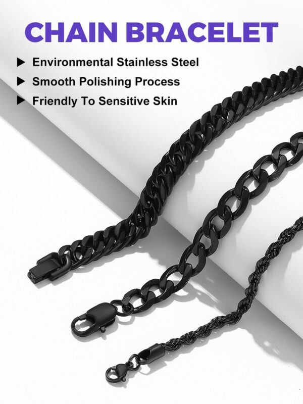 3-Black Chain Bracelet Set for Men , Women Curb Cuban Link Bracelet Set , 7.4 in - Image 4