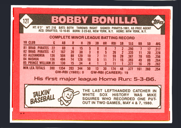 1986 Topps Traded #121T Bobby Bonilla Rookie Card (RC) - Chicago White Sox - Image 2