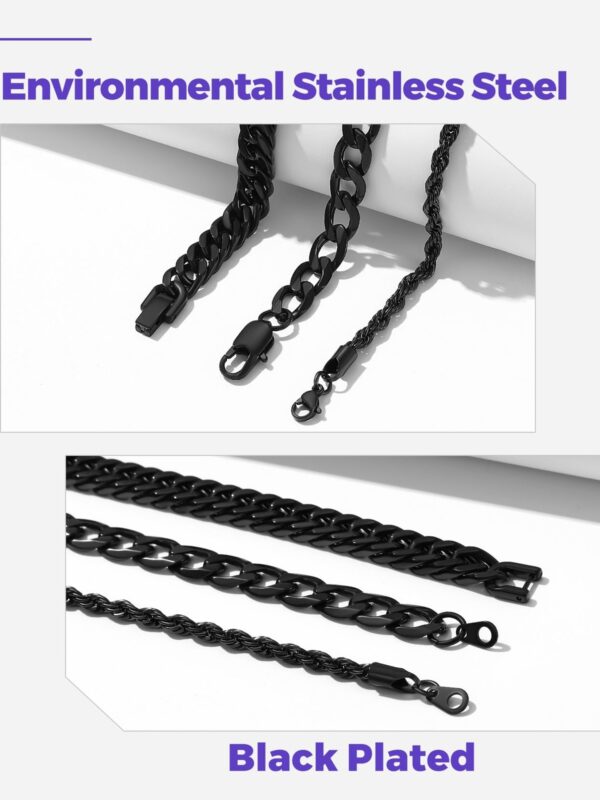 3-Black Chain Bracelet Set for Men , Women Curb Cuban Link Bracelet Set , 7.4 in - Image 5