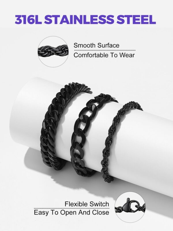 3-Black Chain Bracelet Set for Men , Women Curb Cuban Link Bracelet Set , 7.4 in - Image 6